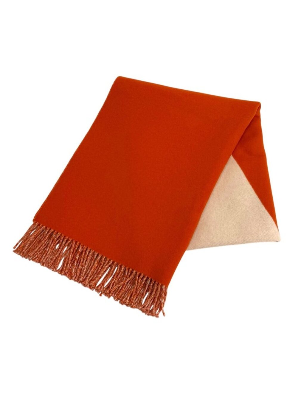 Hermes Cashmere 100% Casaque Bicolor Fringe Large Scarf Shawl Beige Orange